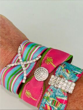 Preppy YGR, pink and green palm trees Crystal Bracelet set